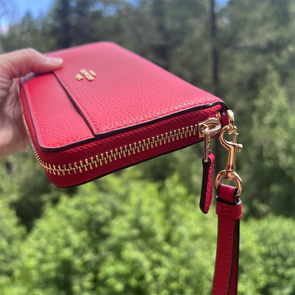 COACH Long Zip-Around RED Pebble Leather Wallet Gold Hardware with Wrist-Strap - Picture 11 of 16